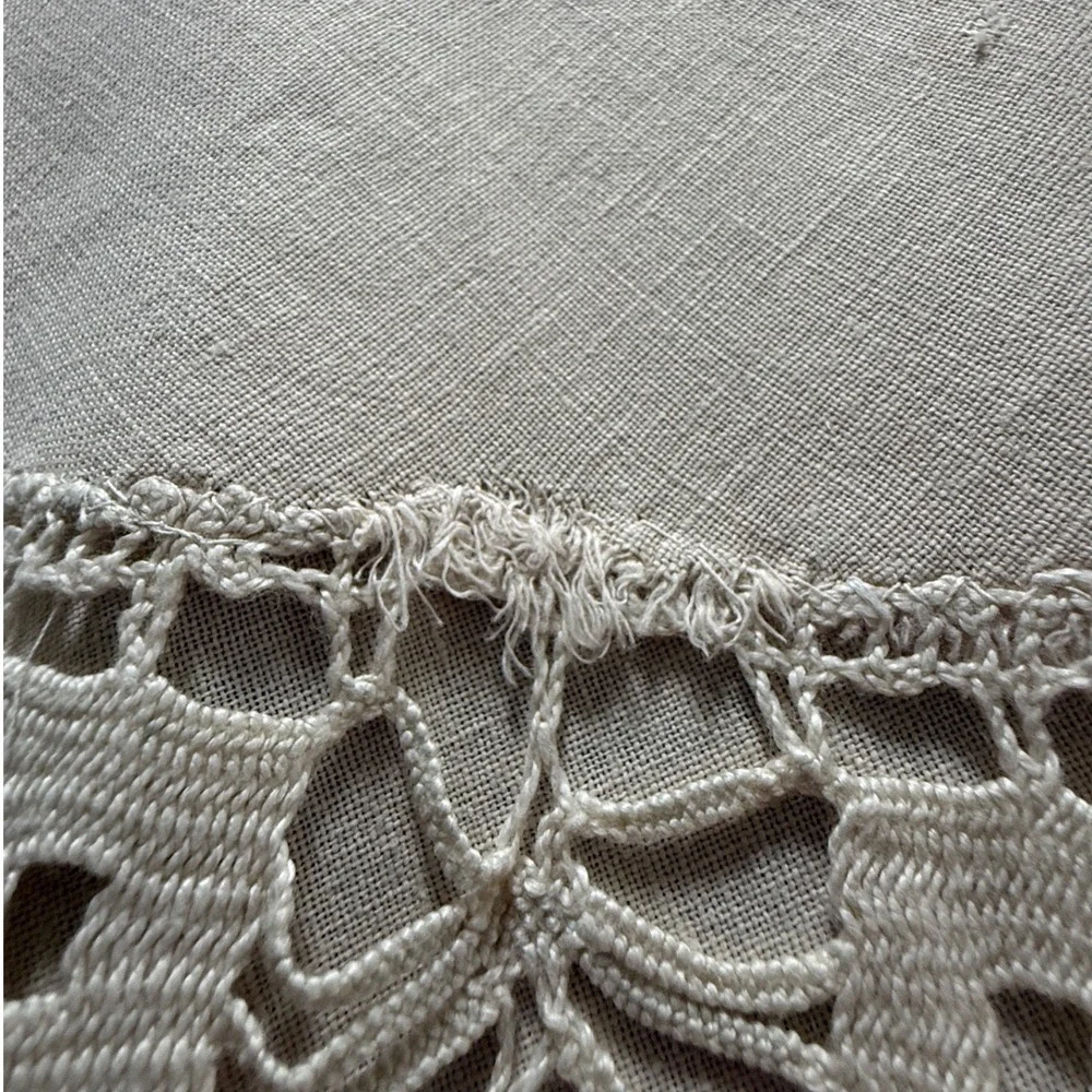 Vintage Oval Linen Tablecloth Crochet Lace Trim Cream Beige 39x42 Inch